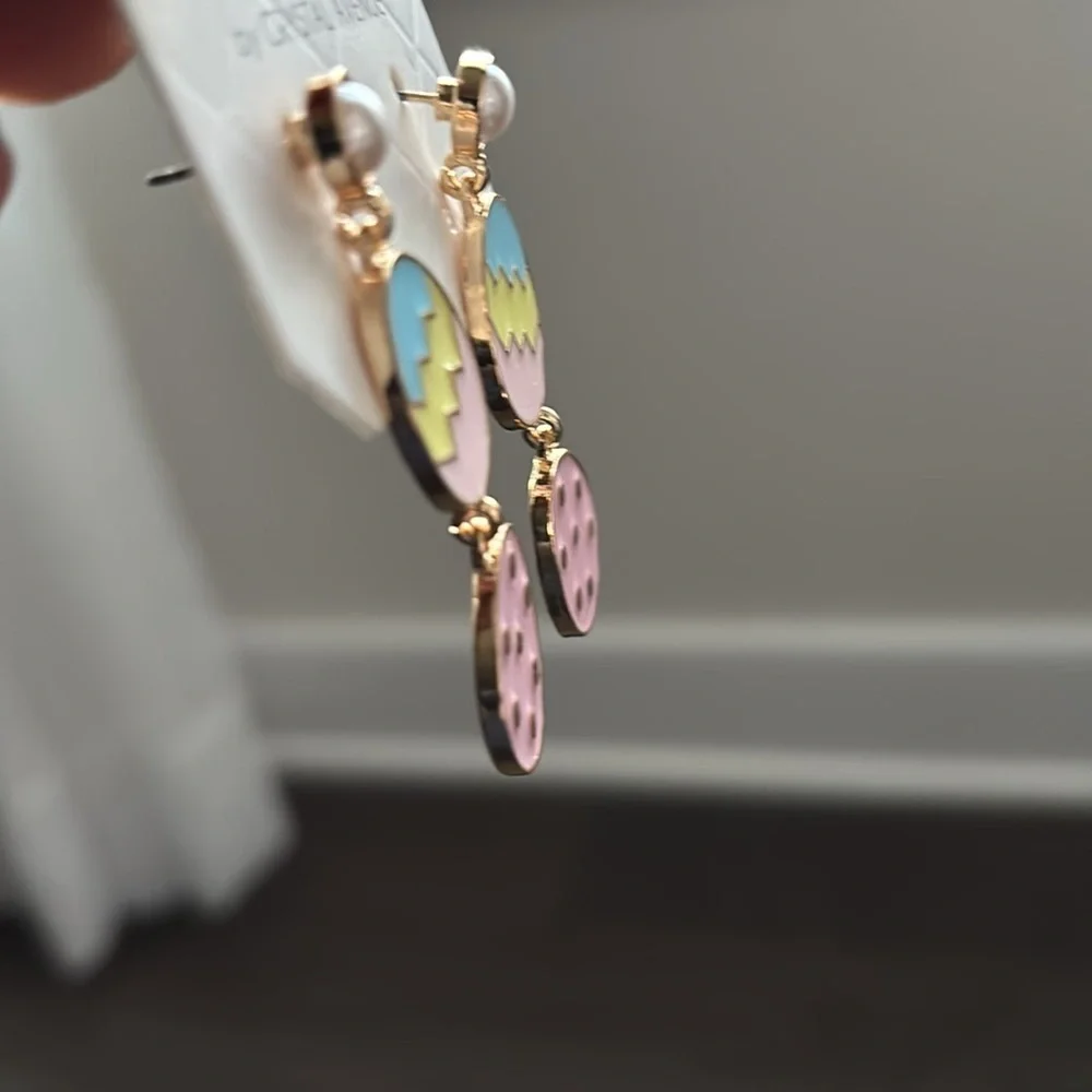 Juliet Easter Egg earrings, pearl like post, double drop colorful eggs